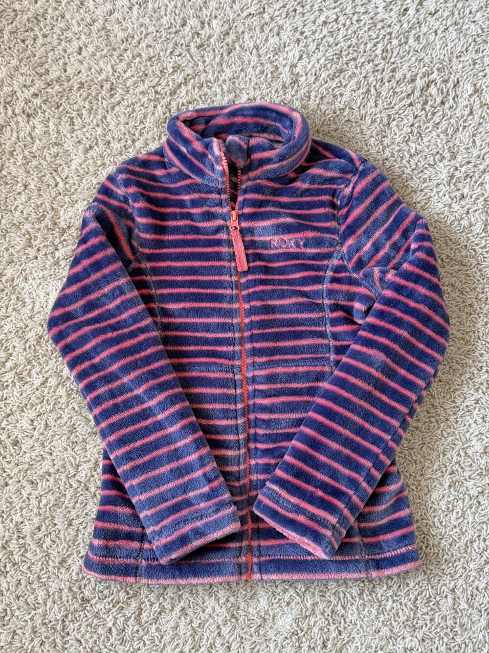 Roxy Girl Fleece Zip Up Jacket Striped Blue Pink Size 8/S